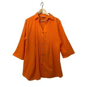 Vintage Dunes Orange Shell Buttons Long Shirt Textured Button Up Blouse Top